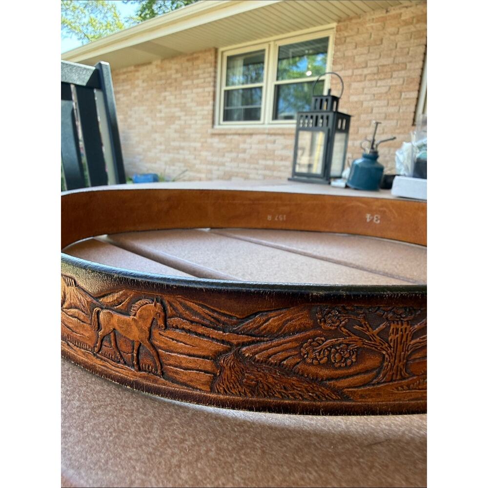 Tooled Leather Western Horse Belt Size 34 Brown Silver - Picture 2 of 7